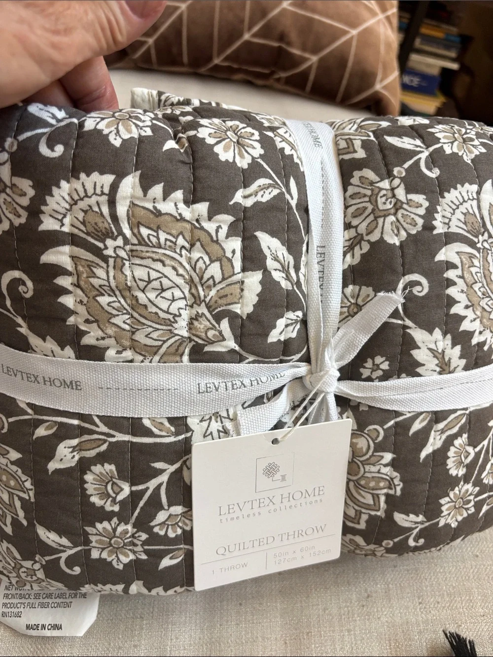 Levtex Home Adare Cocoa Quilted Throw 50x60 Reversible Floral Cotton NWT